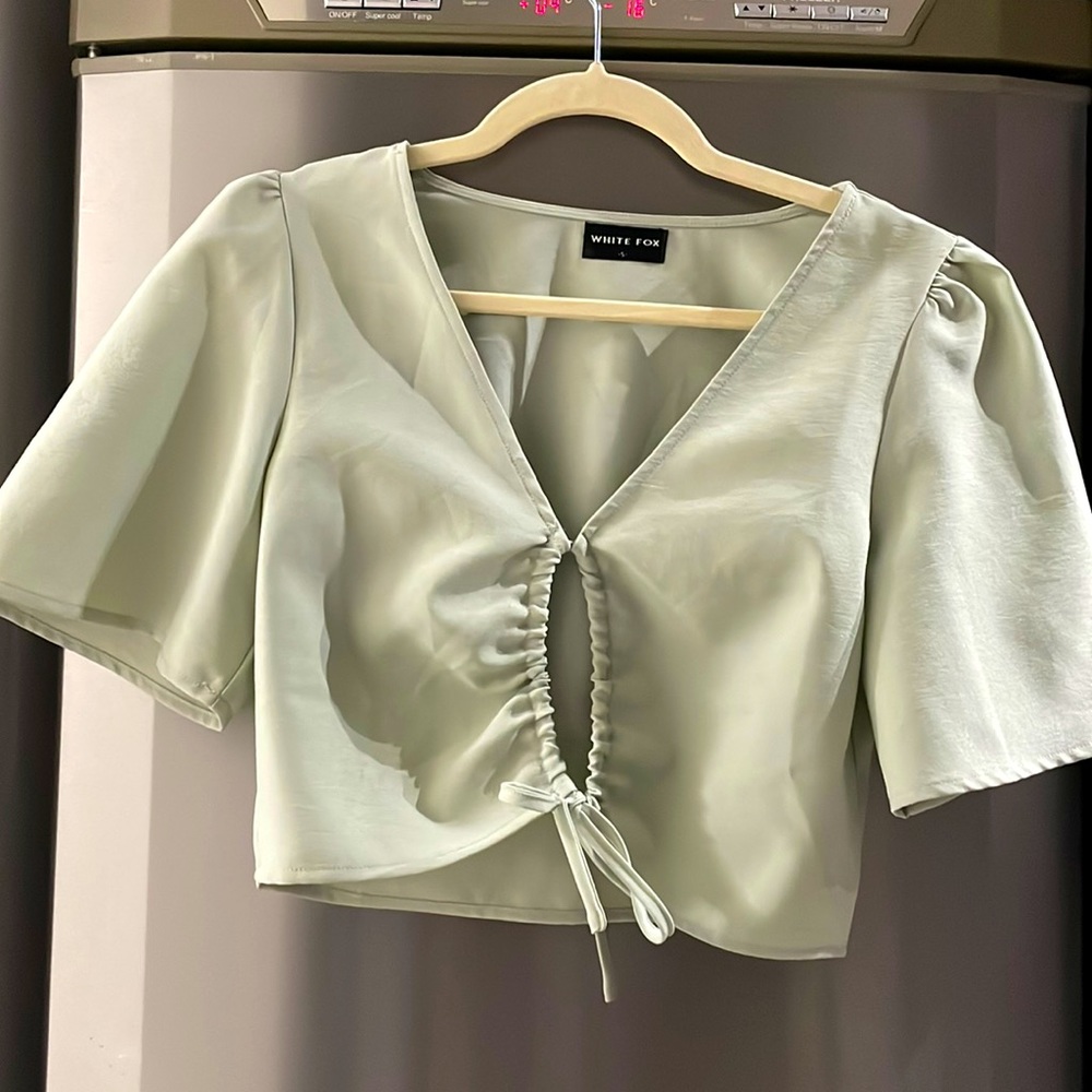 Green white fox tie up crop top